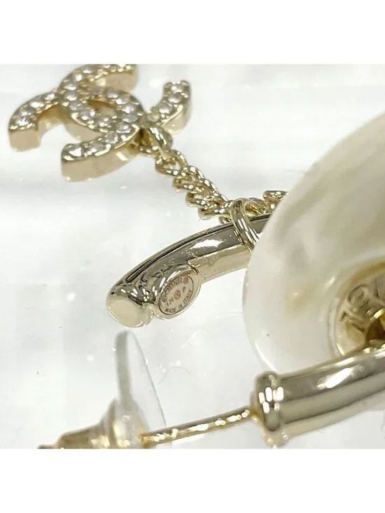 Chanel Earrings Hoop CC Logo Pearl Line Stone Gold - Picture 6 of 9